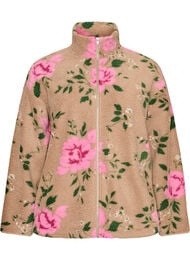 Blommig fleecejacka med h&ouml;g krage och dragkedja, Beige