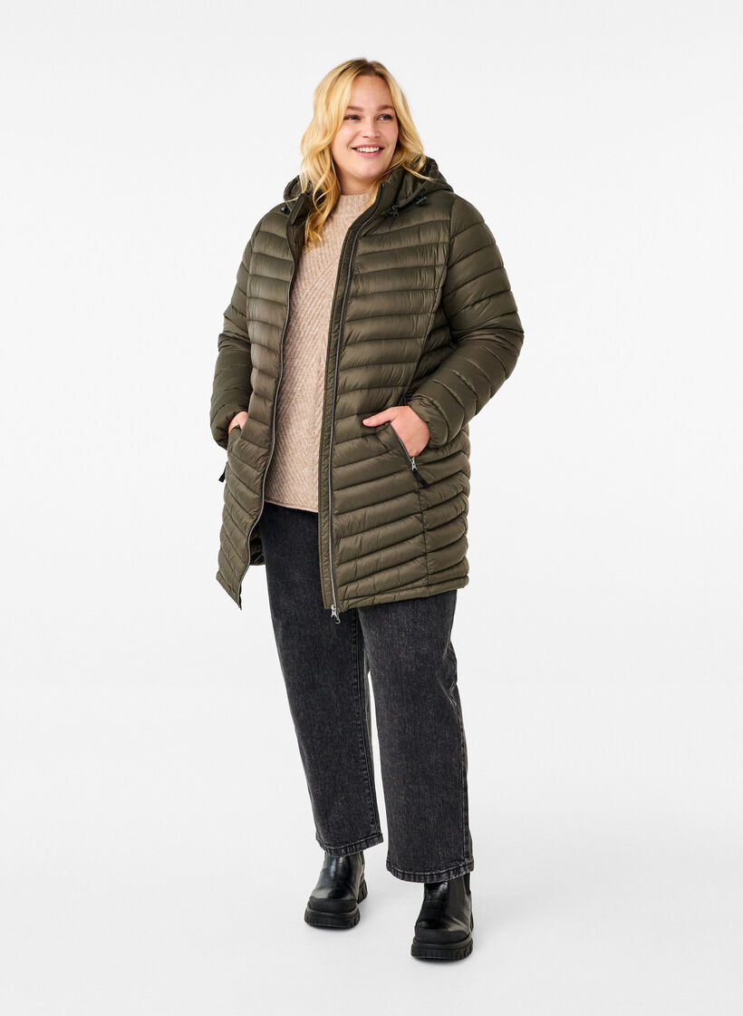 Lättviktsjacka med fickor och avtagbar huva, Grön, Model image number 1