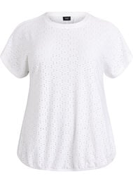 Blus med h&aring;lbroderi och ballongeffekt, Vit
