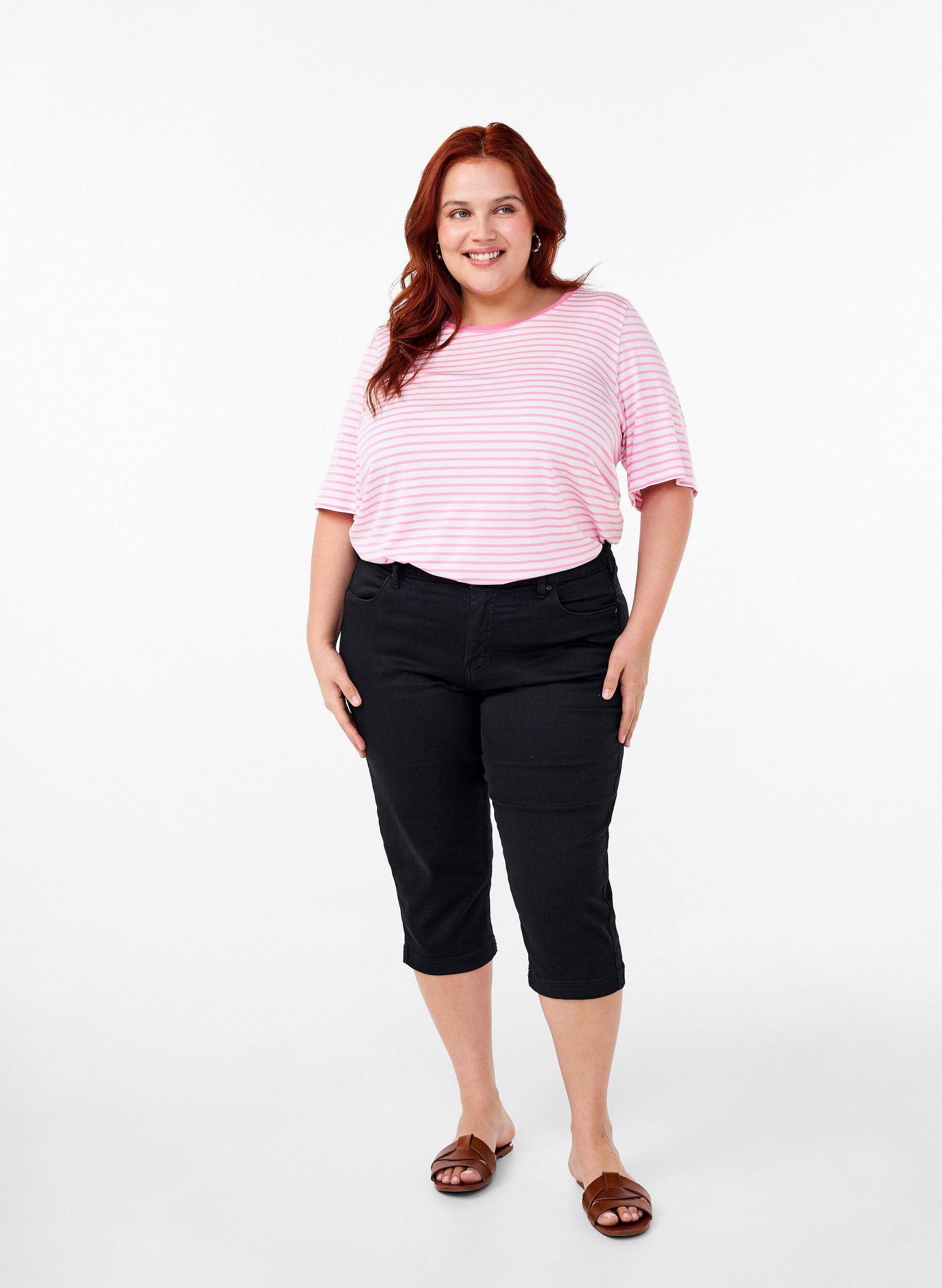 Zizzi Randig T-shirt i lyocell med rund hals, R&ouml;d, Model image number 1