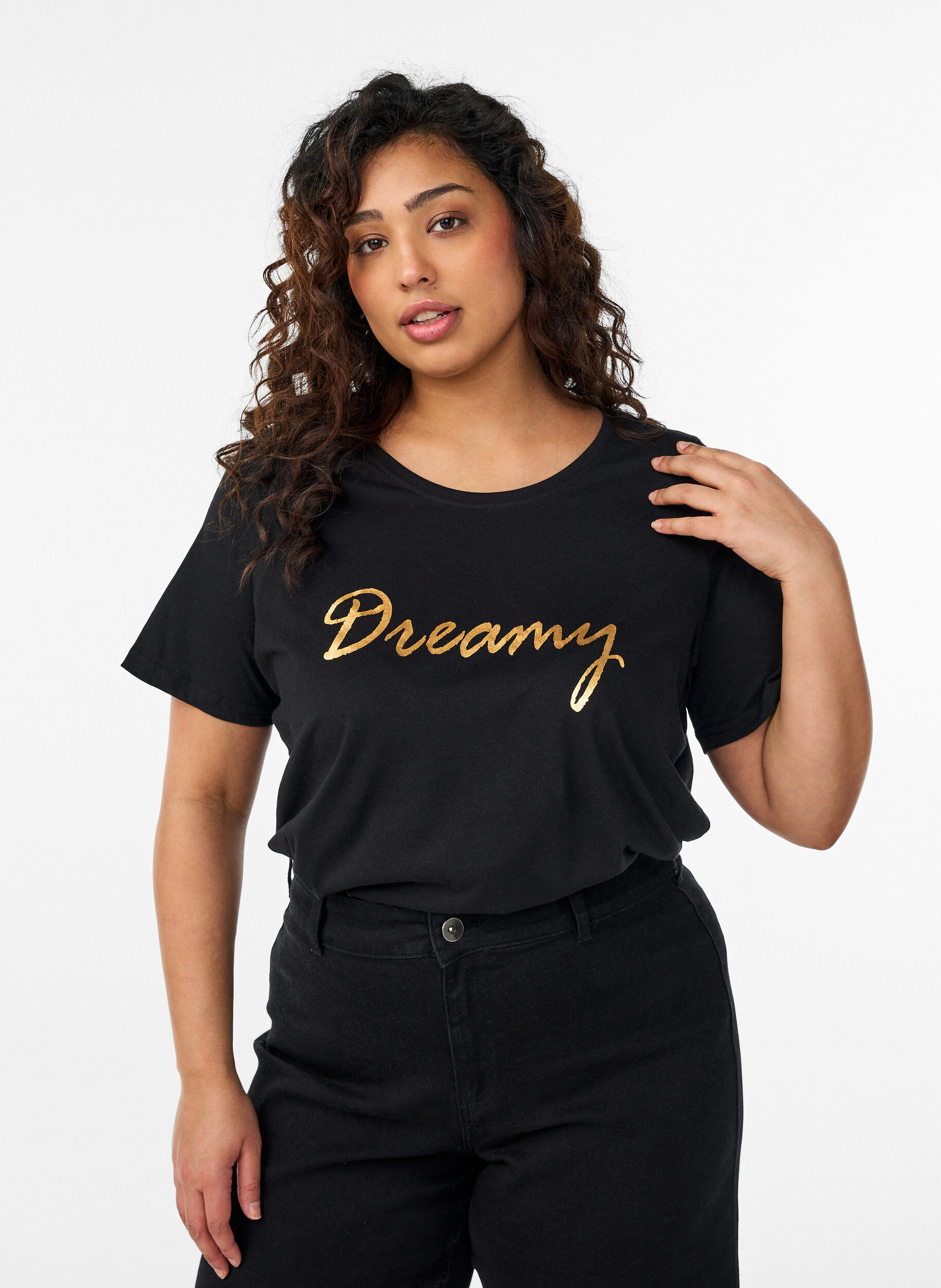 T-shirt med tryck, Svart, Model