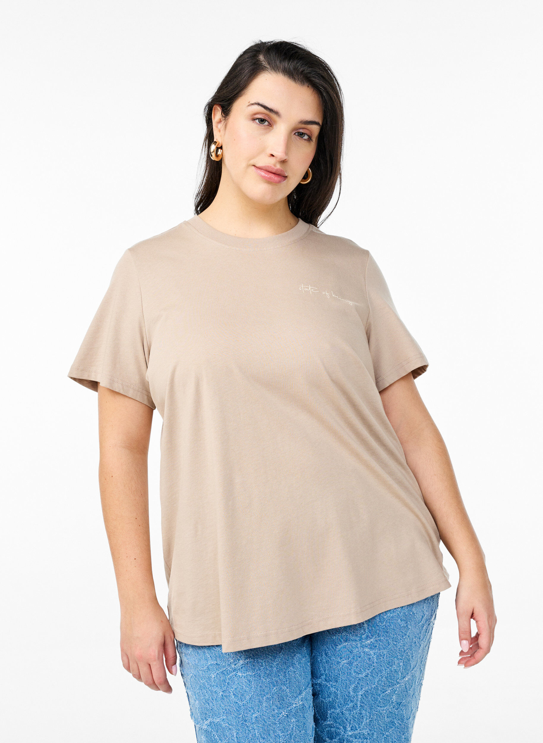 ZizziT-shirt i bomull med texttryck och rund halsringning, Brun, Model image number 0