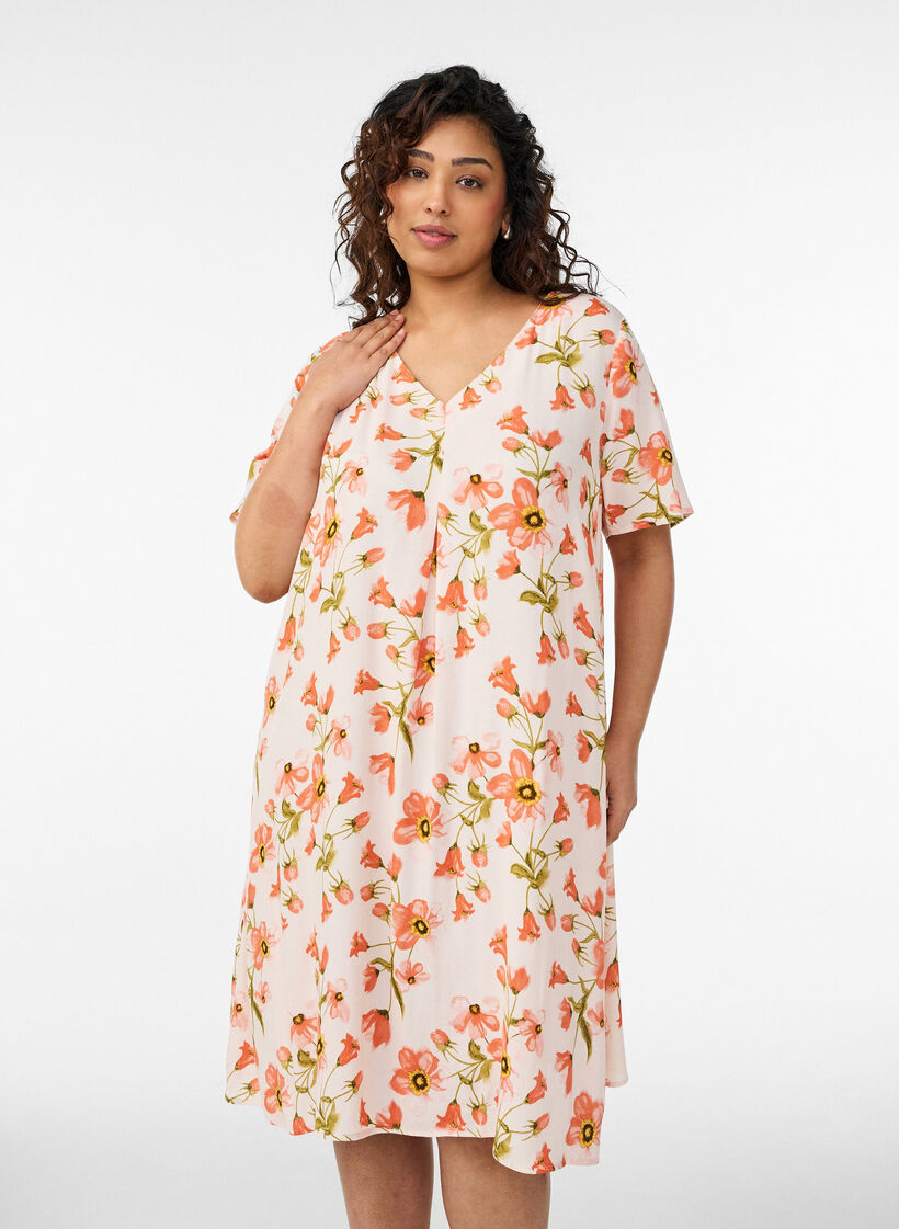 A-linjeformad kl&auml;nning i viskos, Rosa, Model image number 0