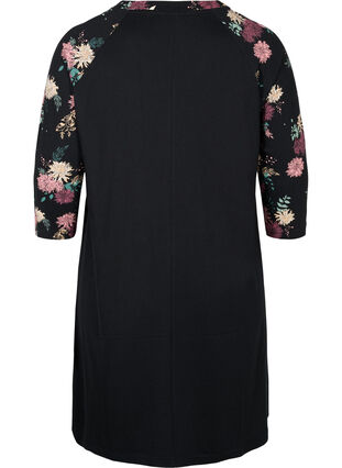 Pyjamasklänning i ekologisk bomull med mönster, Black AOP Flower, Packshot image number 1