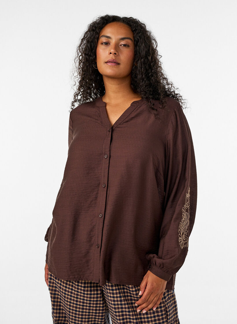 Skjorta i viskos med broderade &auml;rmar, Brun, Model image number 0