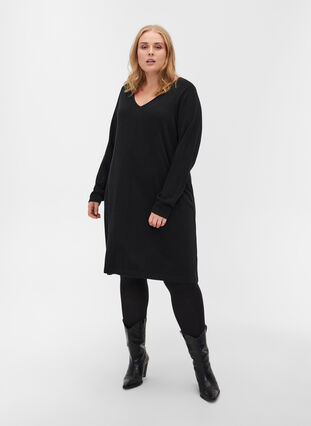 Enfärgad stickad klänning med långa ärmar, Black, Model image number 2
