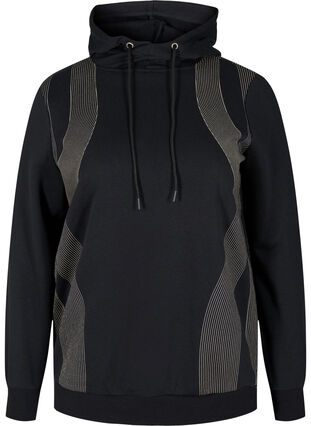 Sweatshirt med huva och mönsterdetalj, Black, Packshot image number 0