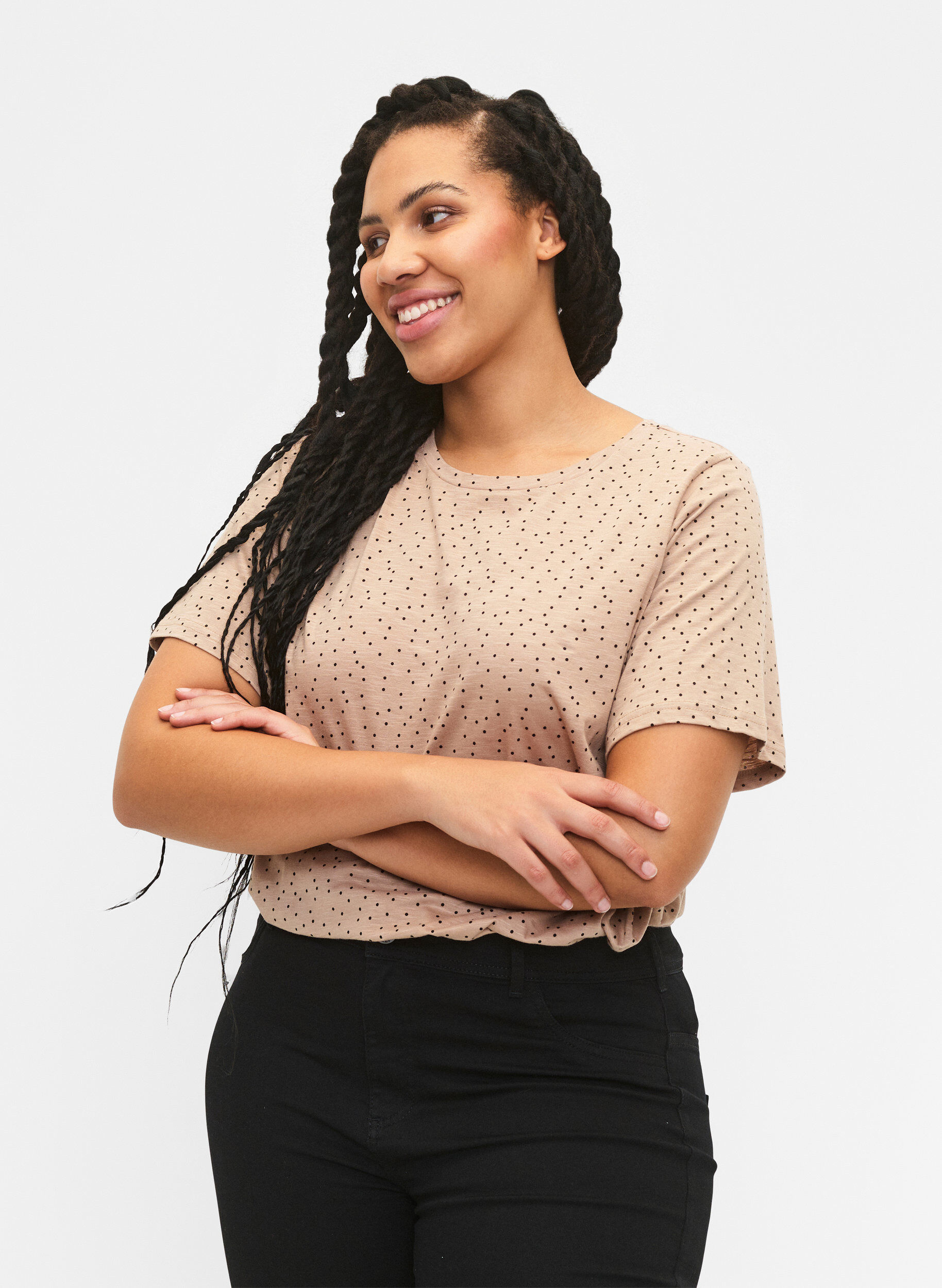 Zizzi T-shirt i ekologisk bomull med prickar, Beige, Model image number 0