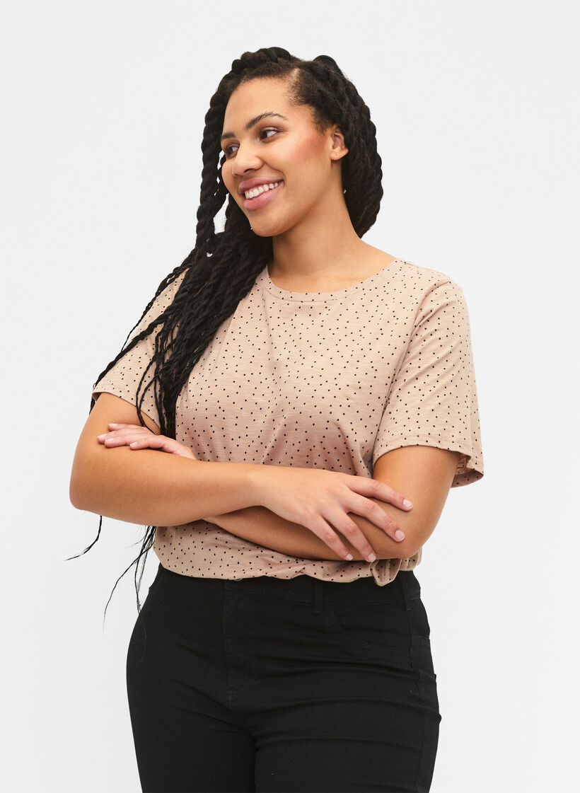 T-shirt i ekologisk bomull med prickar	, Beige, Model image number 0