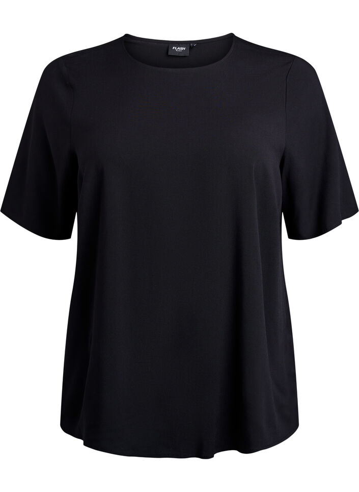 Kort&auml;rmad v&auml;vd blus med rund hals, Svart, Packshot image number 0