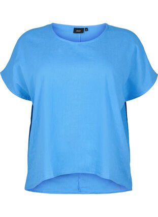 Kortärmad blus i bomullsmix med linne, Ultramarine, Packshot image number 0