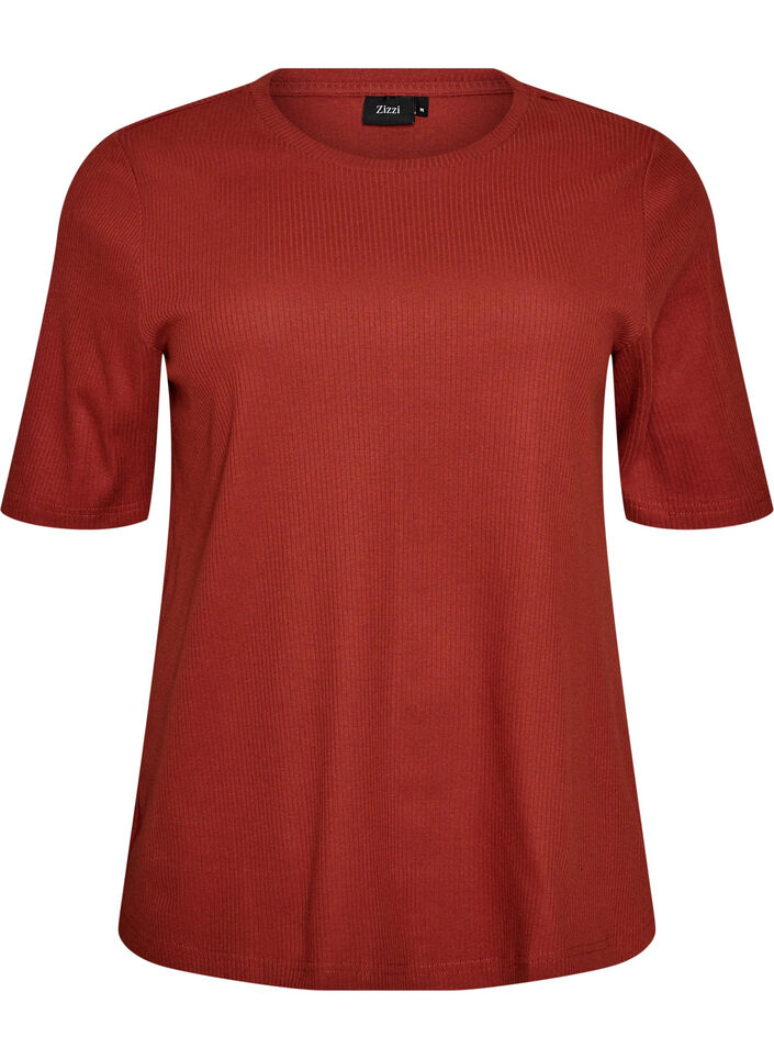 Blus i ribbad jersey med korta &auml;rmar, R&ouml;d, Packshot image number 0