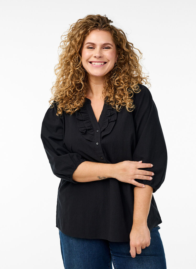 Blus i bomull med 3/4-ärm, Svart, Model image number 0