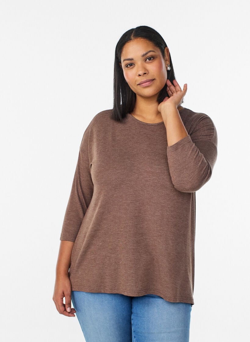 Jerseyblus med 3/4-&auml;rm, Brun, Model image number 0