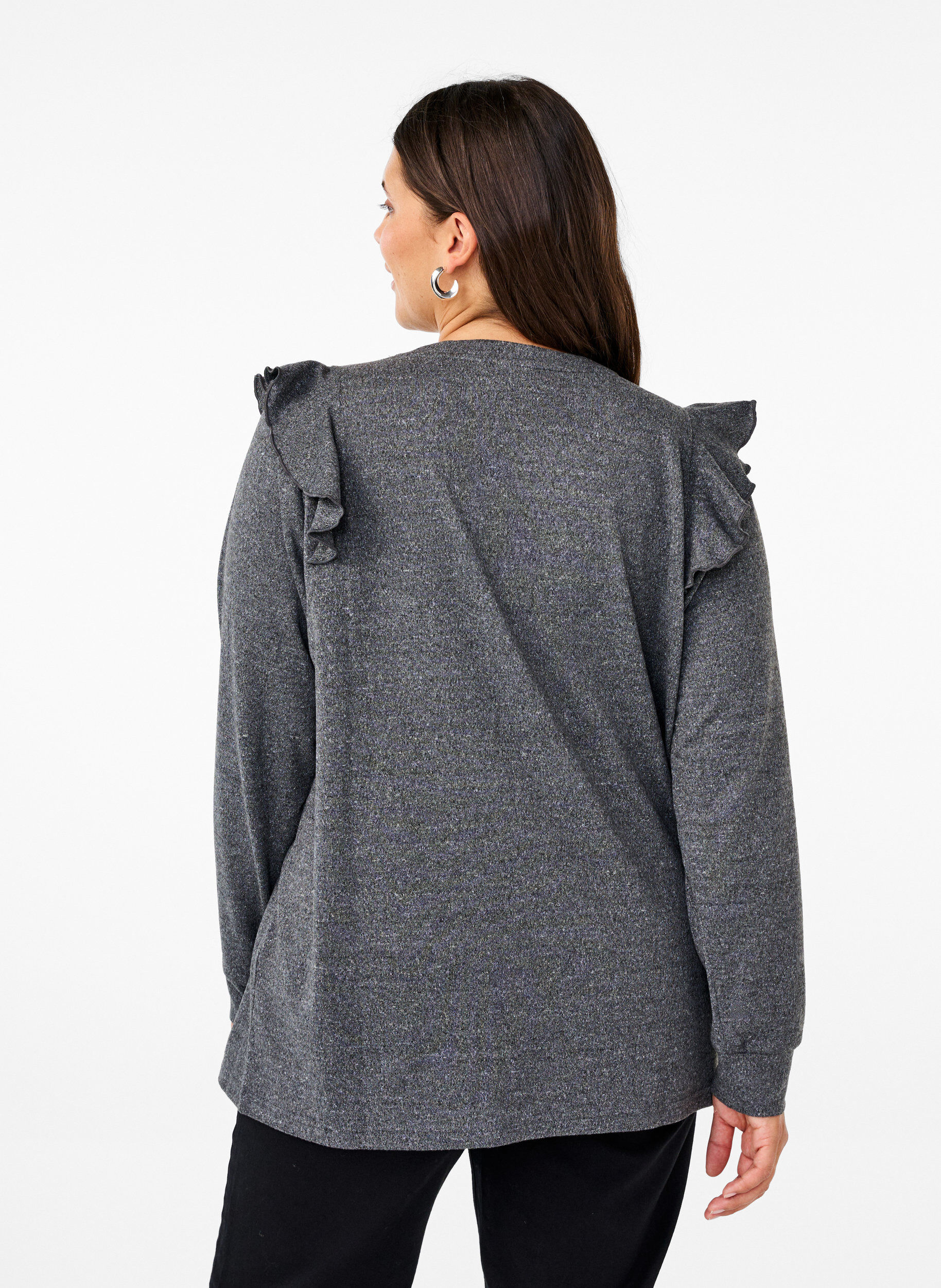 Zizzi L&aring;ng&auml;rmad blus med volangdetaljer, Dark Grey Melange, Model image number 1