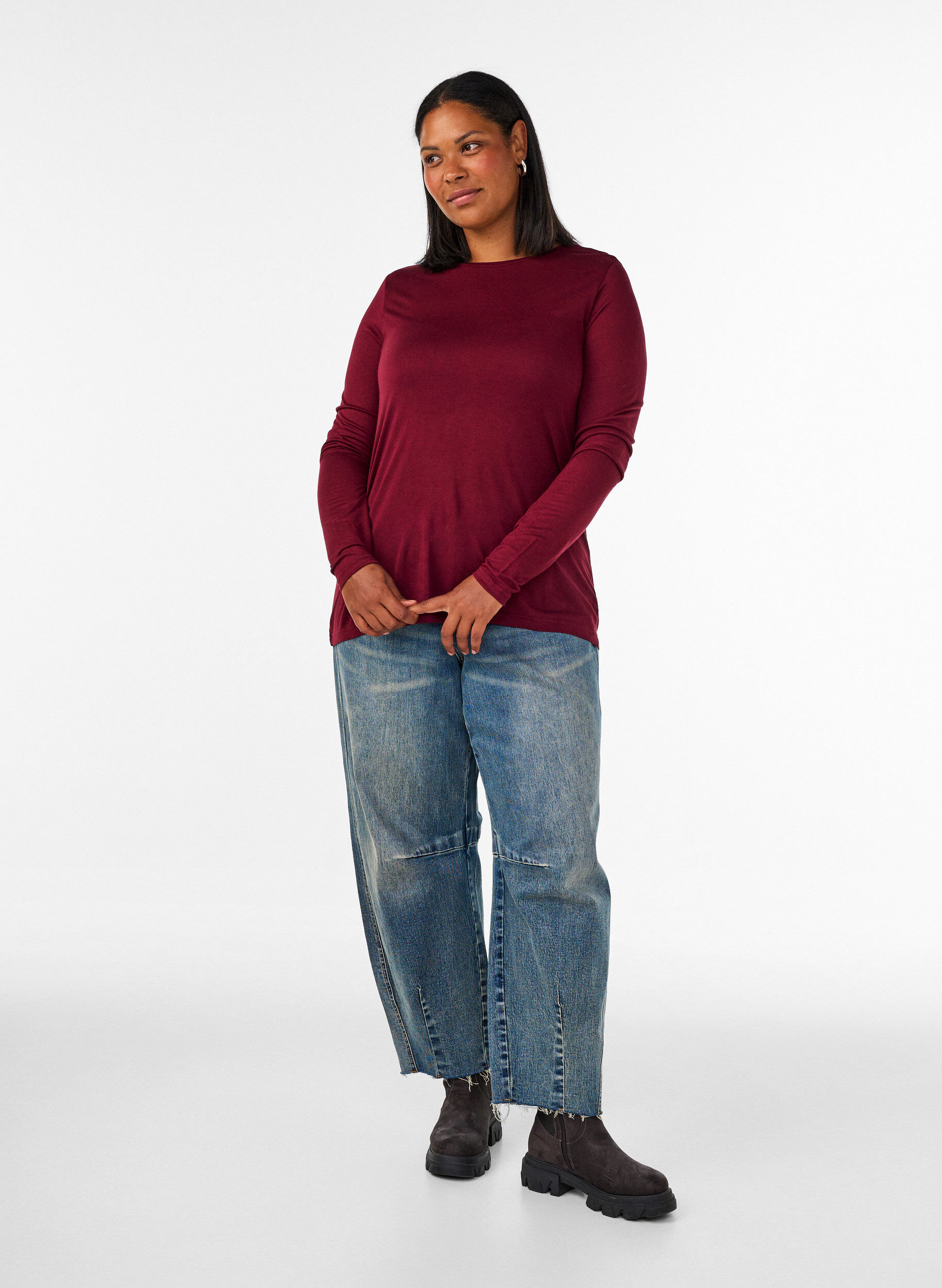 ZizziL&aring;ng&auml;rmad blus i ull och viskos, R&ouml;d, Model image number 1