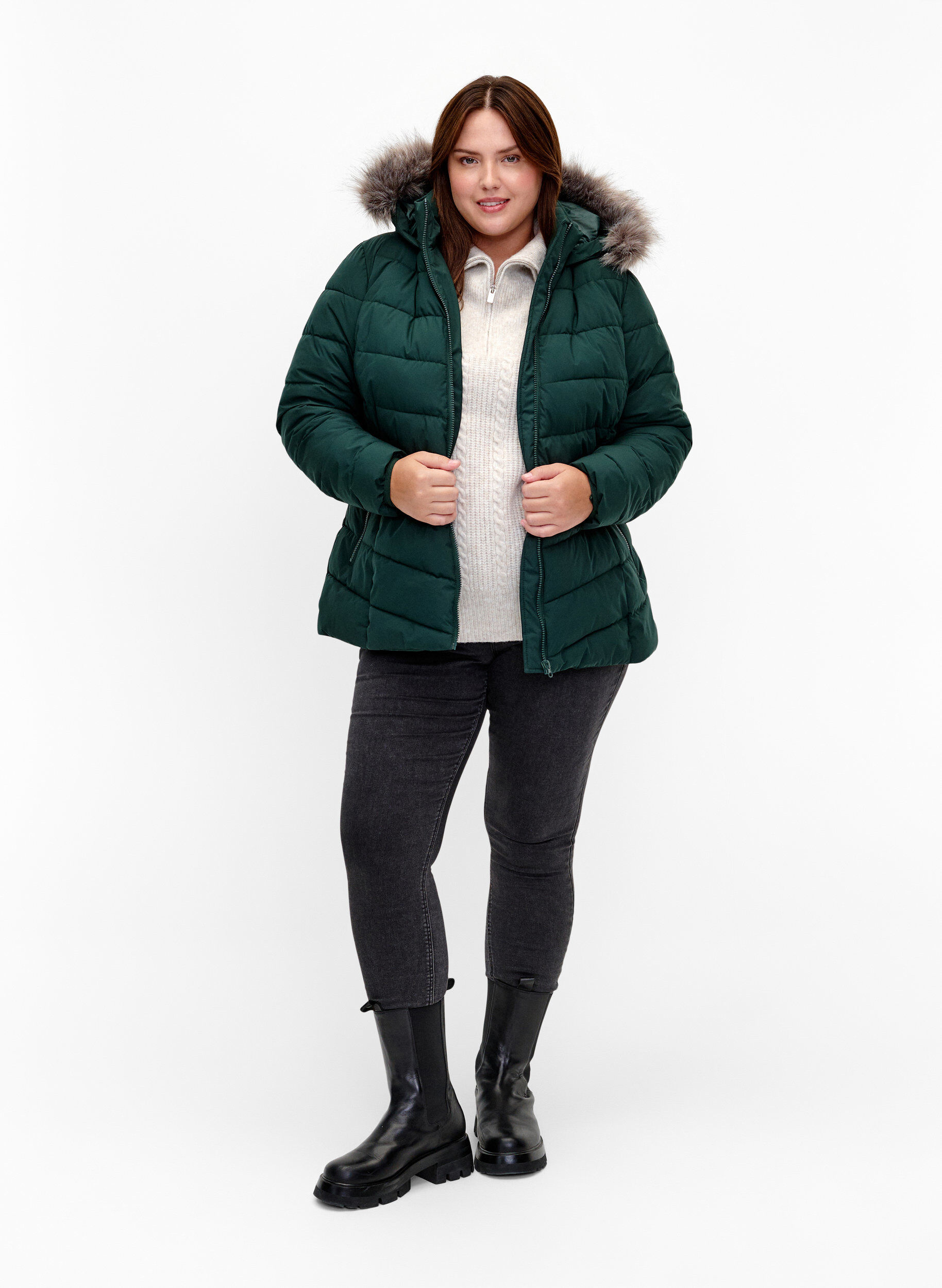 ZizziKort pufferjacka med huva, Gr&ouml;n, Model image number 1