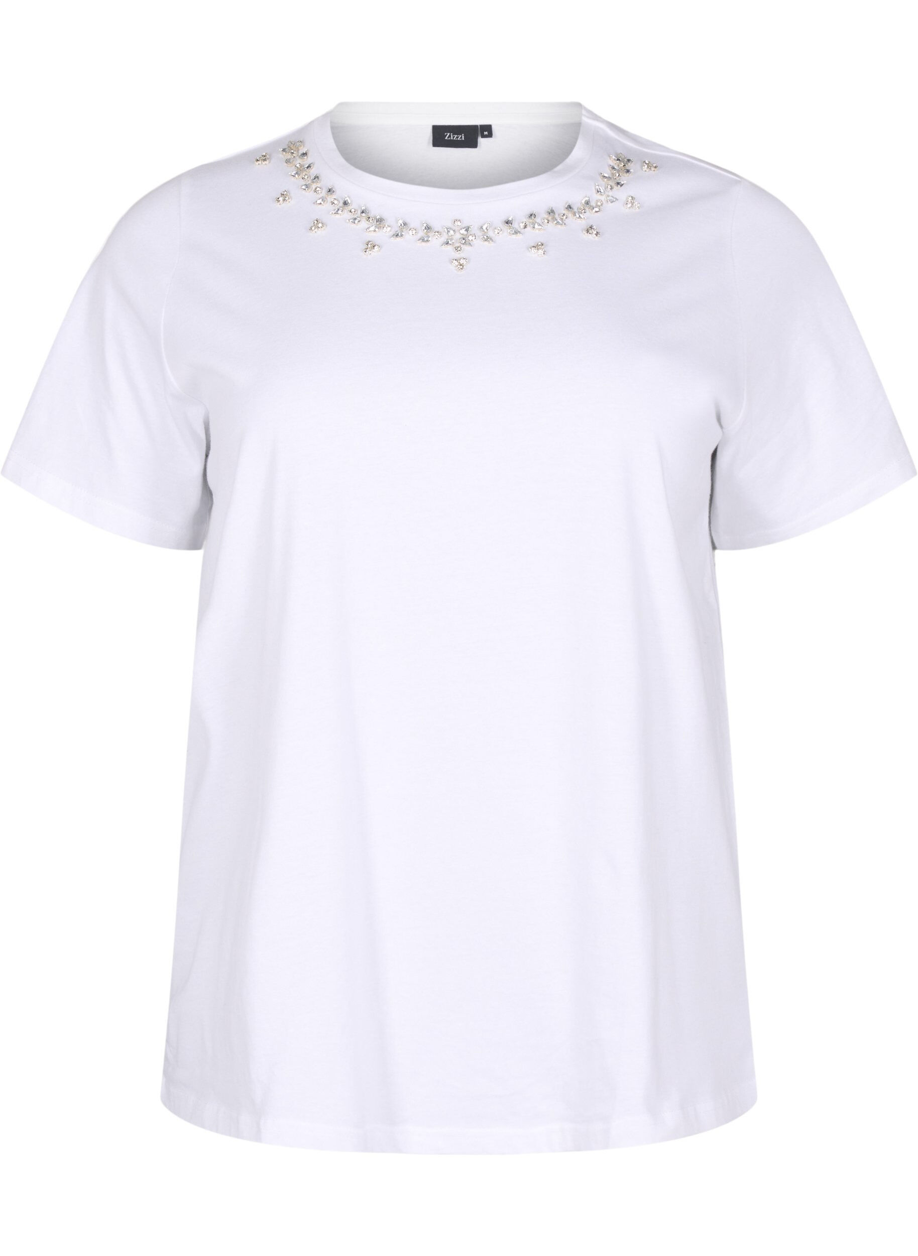 Zizzi T-shirt med rund hals och strasstenar, Bright White, Packshot image number 0