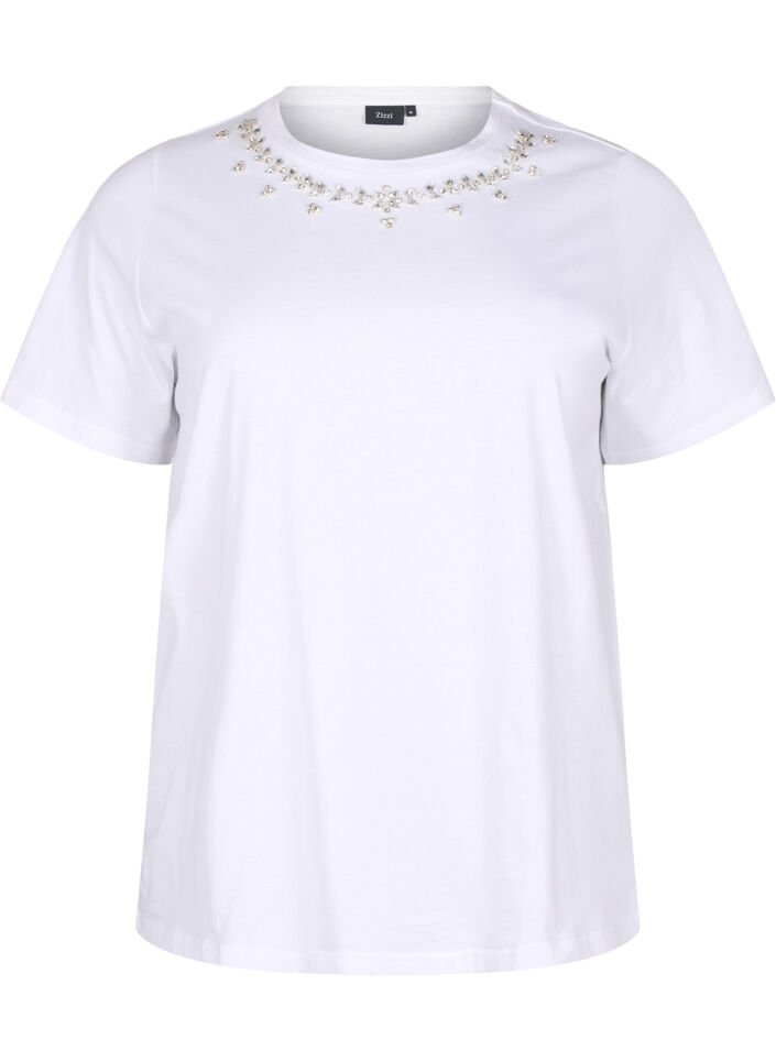 T-shirt med rund hals och strasstenar, Bright White, Packshot image number 0
