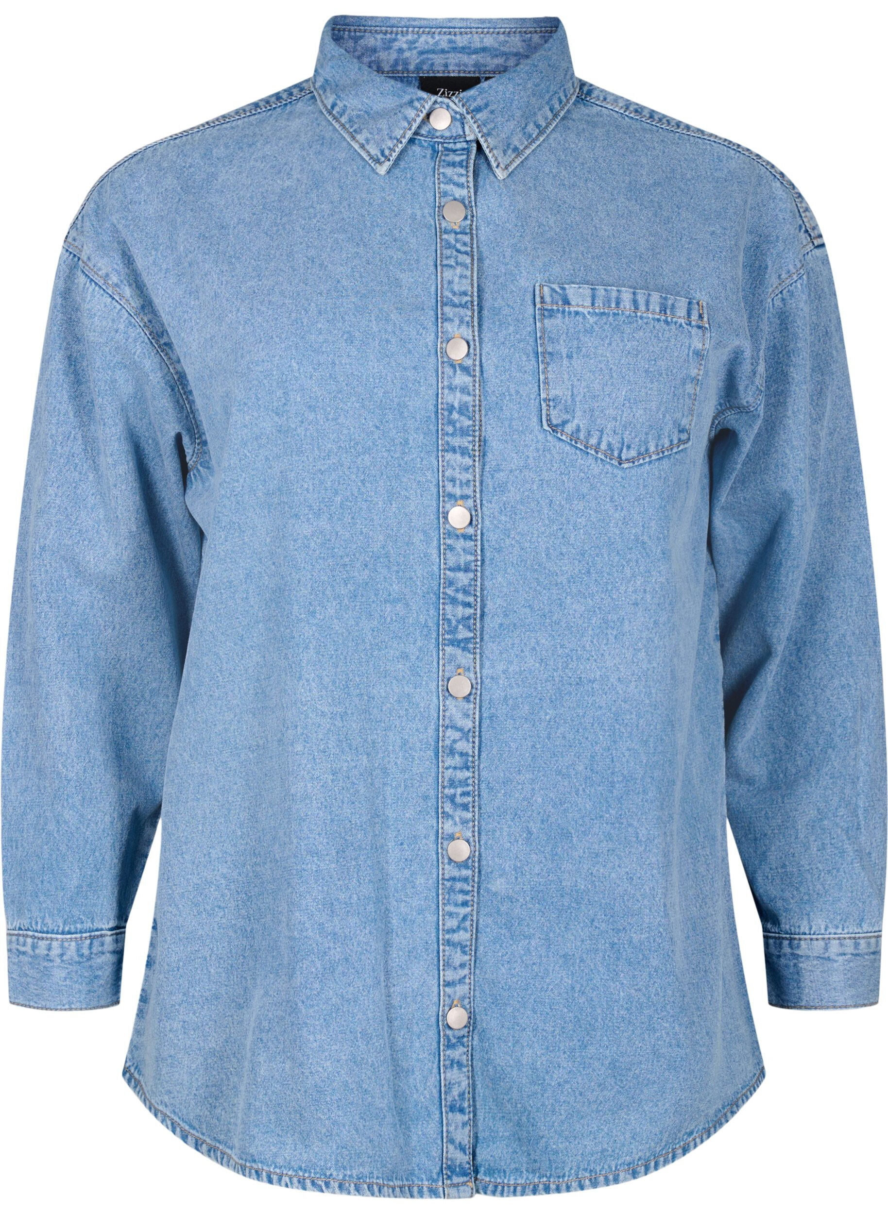 Zizzi L&ouml;s jeansskjorta med br&ouml;stficka, Light blue denim, Packshot image number 0