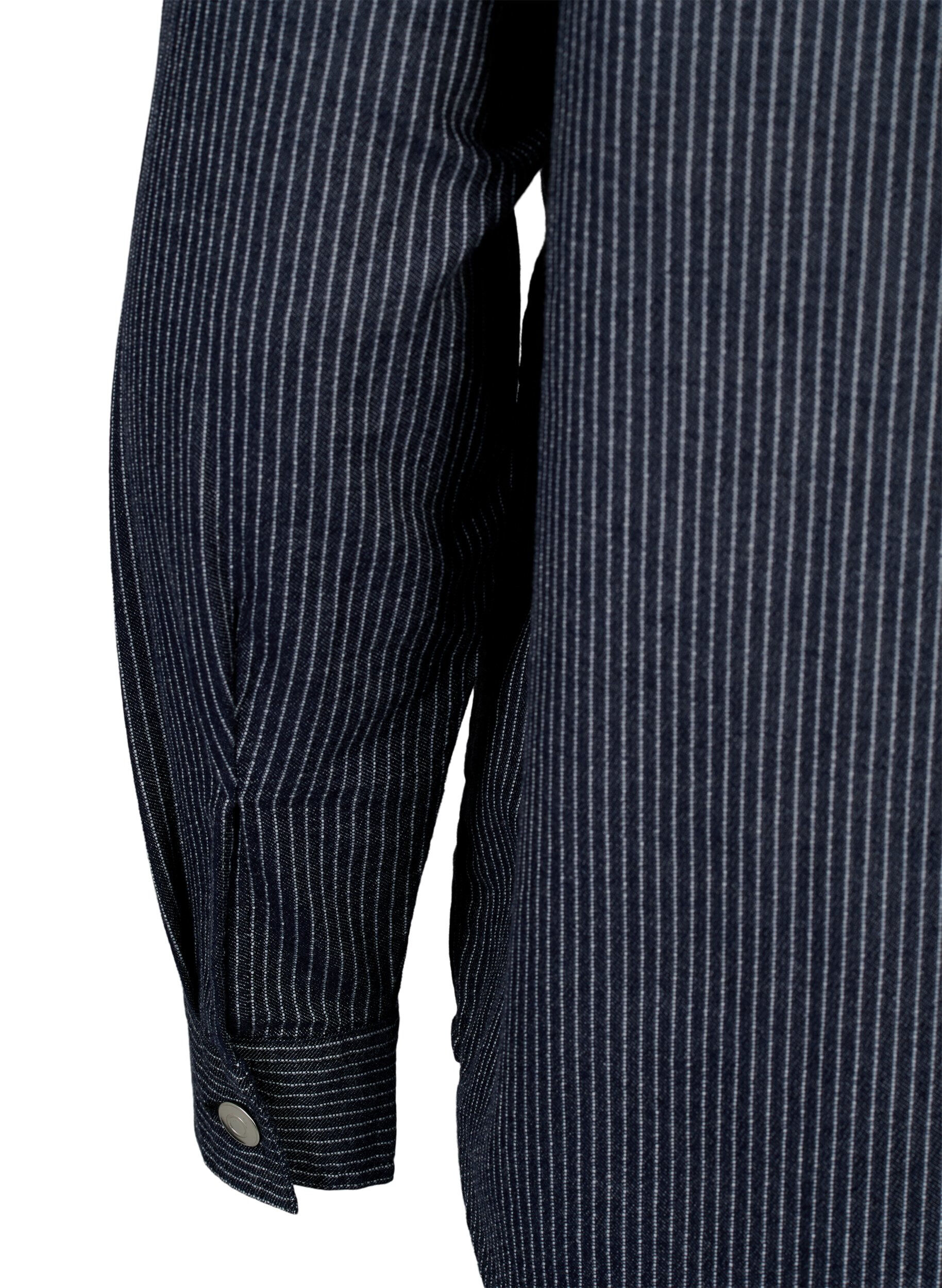 Zizzi Kritstrecksrandig bomullsskjorta, Dark Blue Stripe, Packshot image number 3