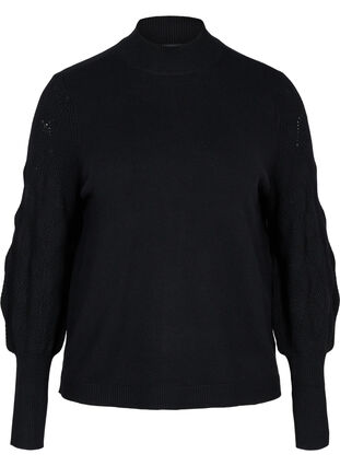 Stickad tröja med hög hals och ballongärmar, Black, Packshot image number 0
