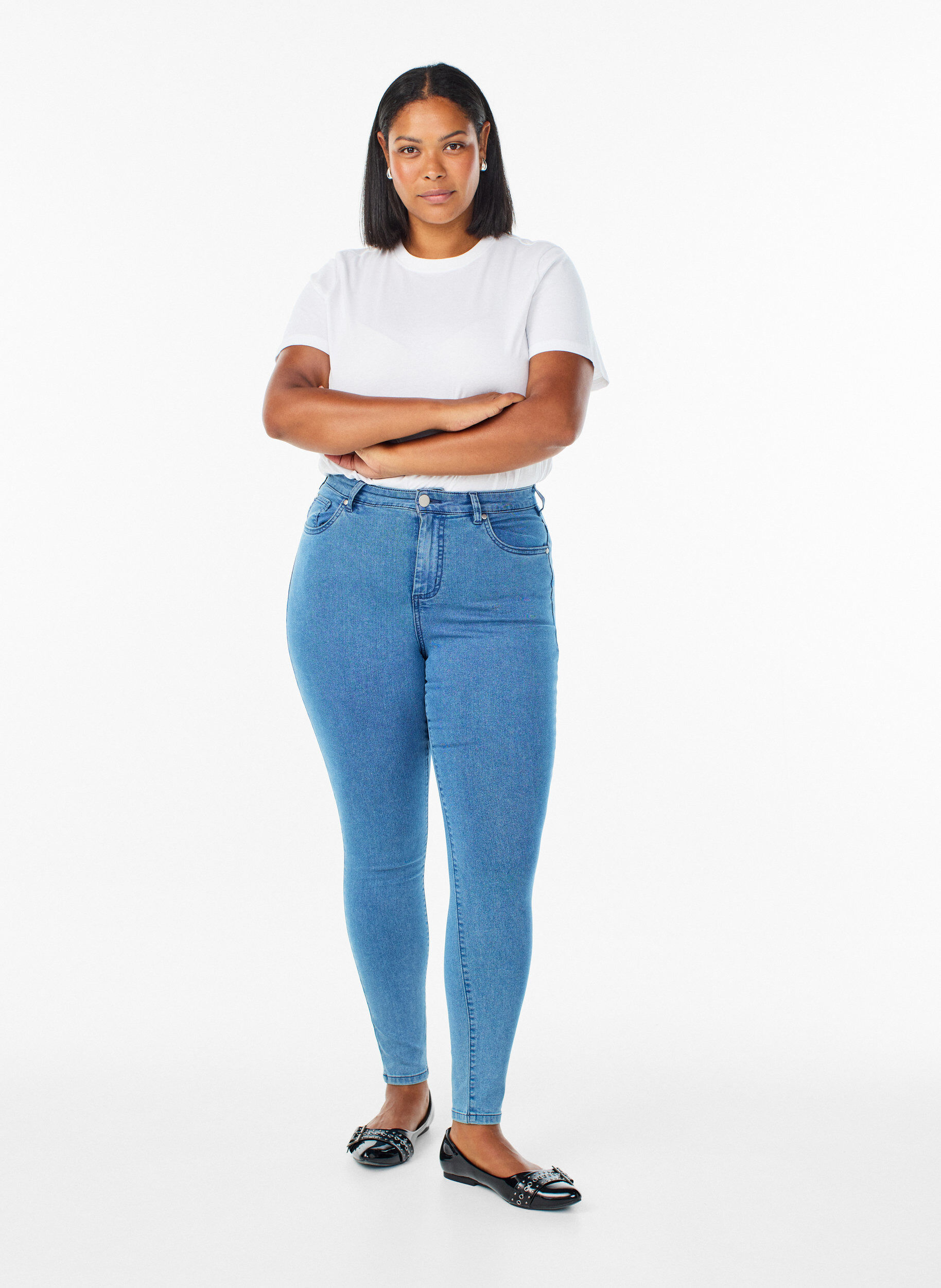 Amy jeans med h&ouml;g midja och supersmal passform, Bl&aring;, Model