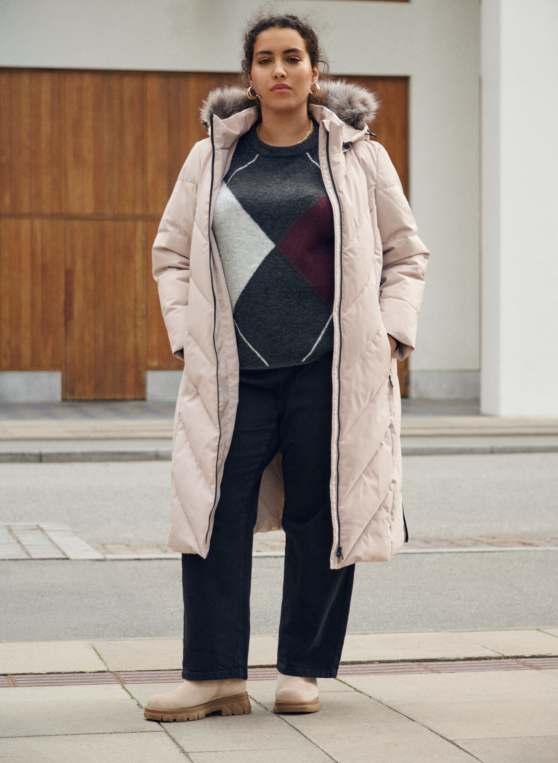 Zizzi Tr&ouml;ja med stora rutor och kontrast&auml;rmar, Gr&aring;, Image image number 0