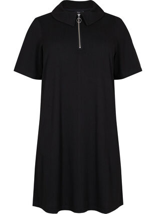 Kortärmad klänning med krage och dragkedja, Black, Packshot image number 0