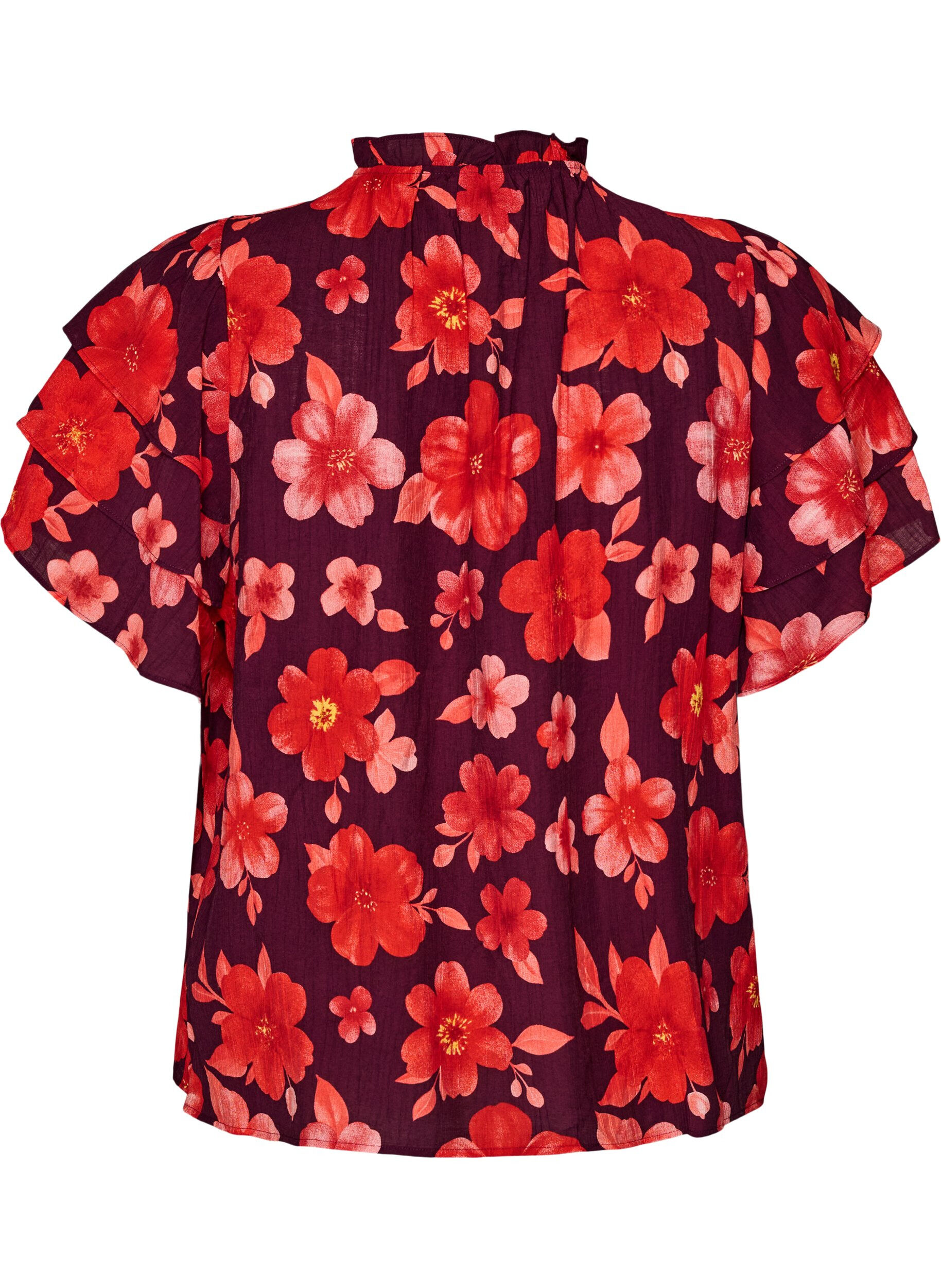 ZizziBlommig blus i viskos med volang&auml;rmar, Lila, Packshot image number 1