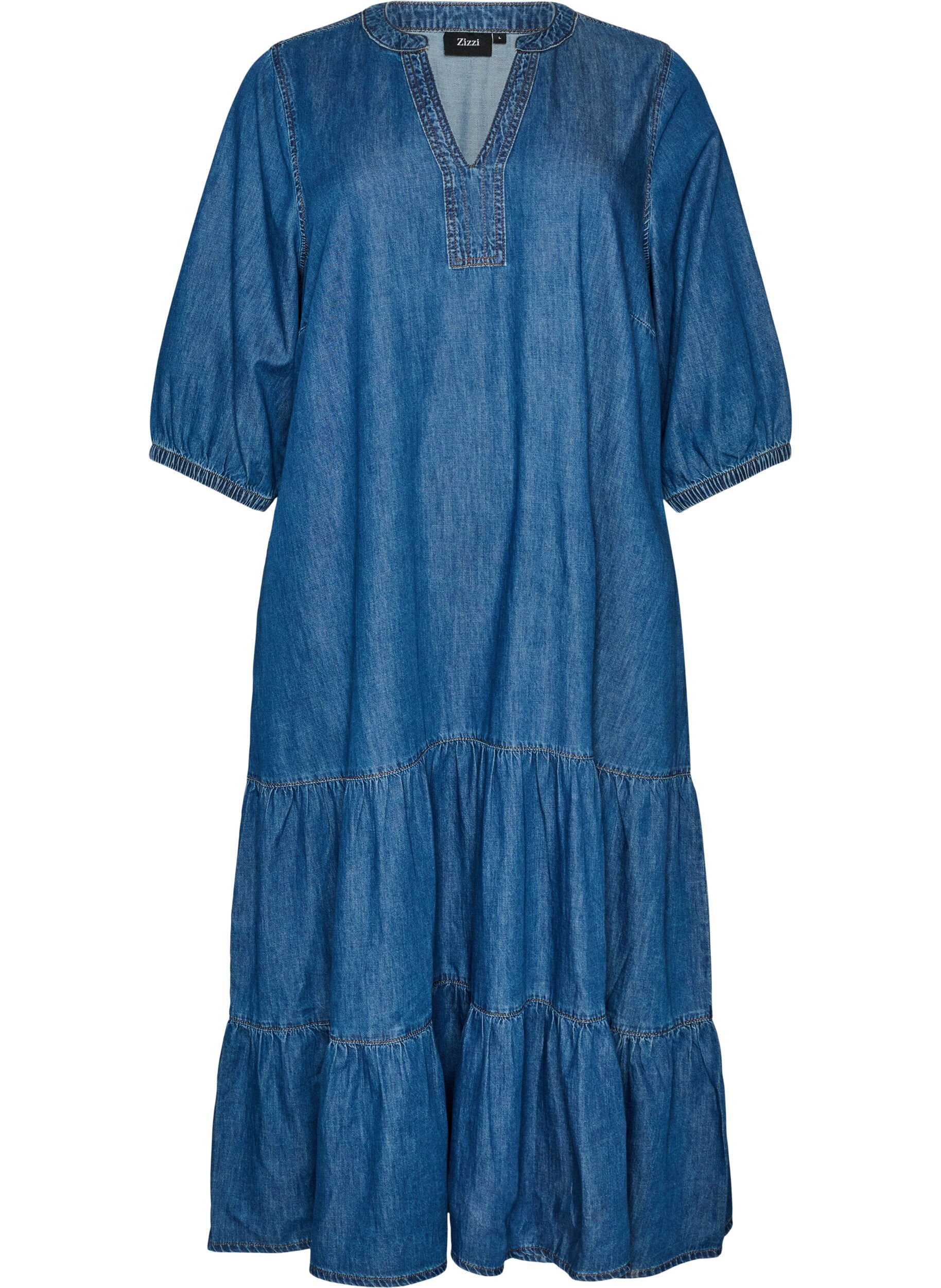Maxikl&auml;nning i denim med volangv&aring;der