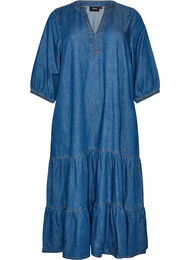 Maxikl&auml;nning i denim med volangv&aring;der, Bl&aring;