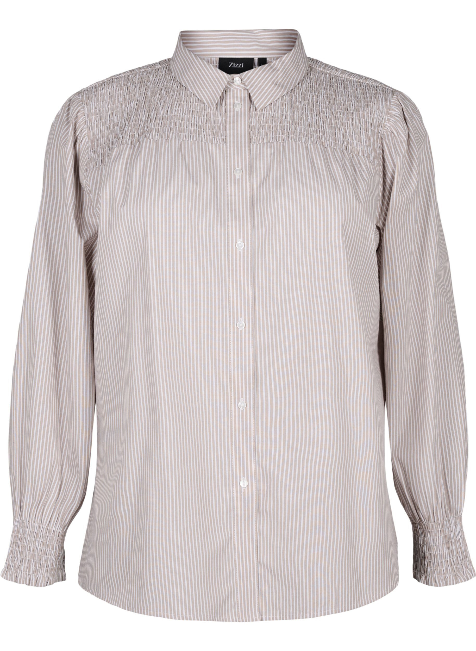 Zizzi Randig skjorta med smock, Silver Mink Wh. St., Packshot image number 0