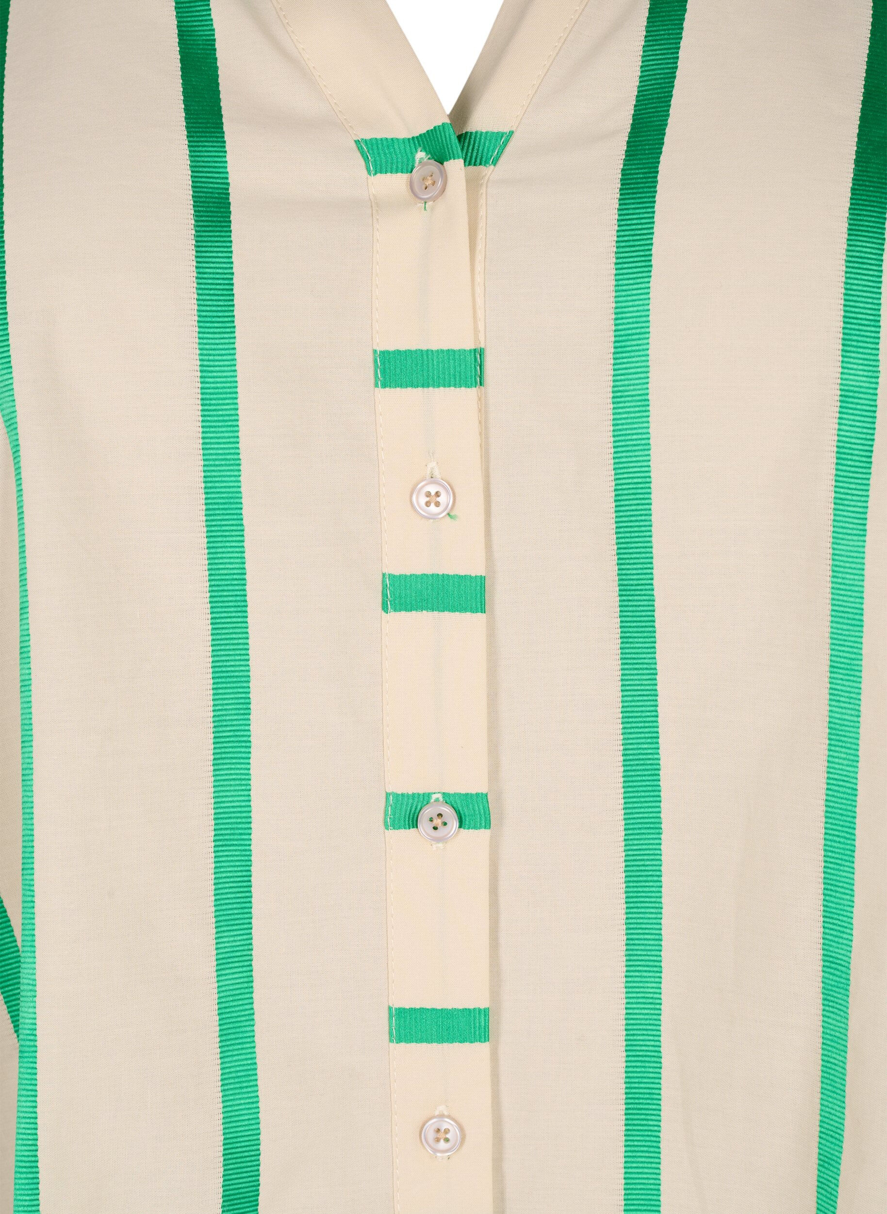 Zizzi Randig blus av bomullskjortmodell med volangkrage, Beige Green Stripe, Packshot image number 2