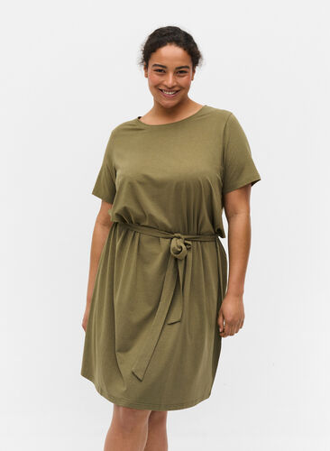 Kortärmad klänning med midjeband, Dusty Olive, Model image number 0