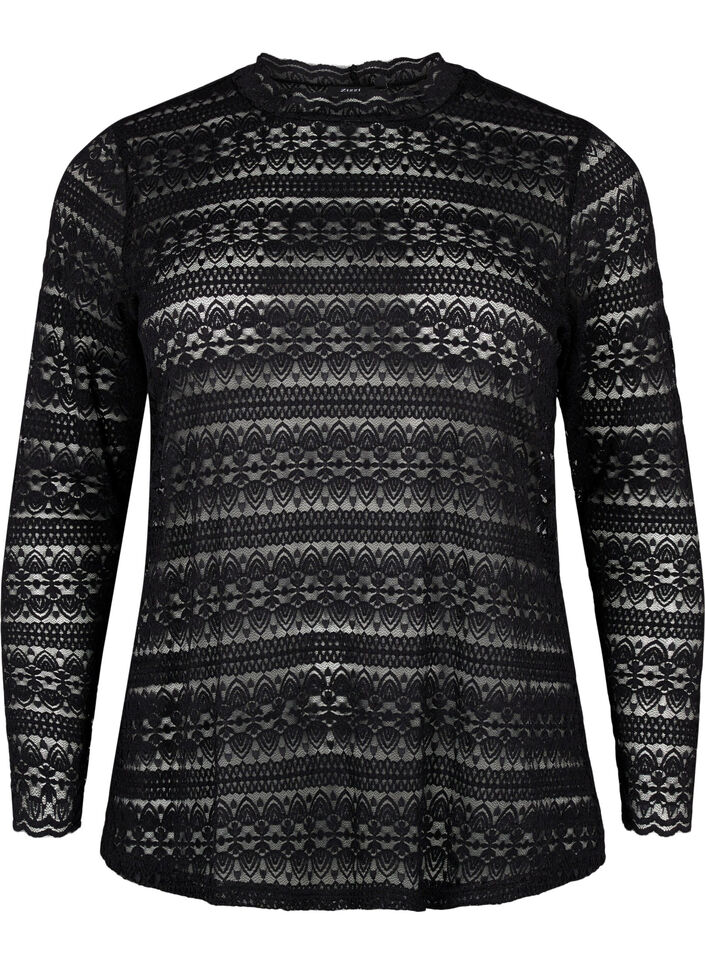 Spetsblus med långa ärmar, Black, Packshot image number 0
