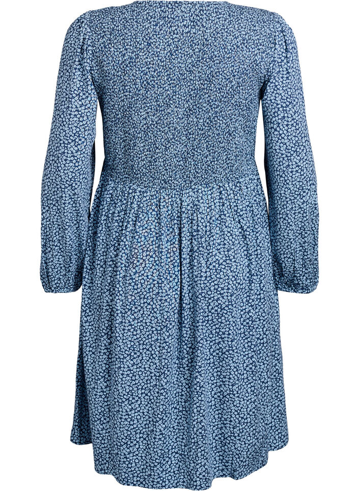 Kl&auml;nning med smock upptill och sm&aring;blommigt m&ouml;nster, Bl&aring;, Packshot image number 1