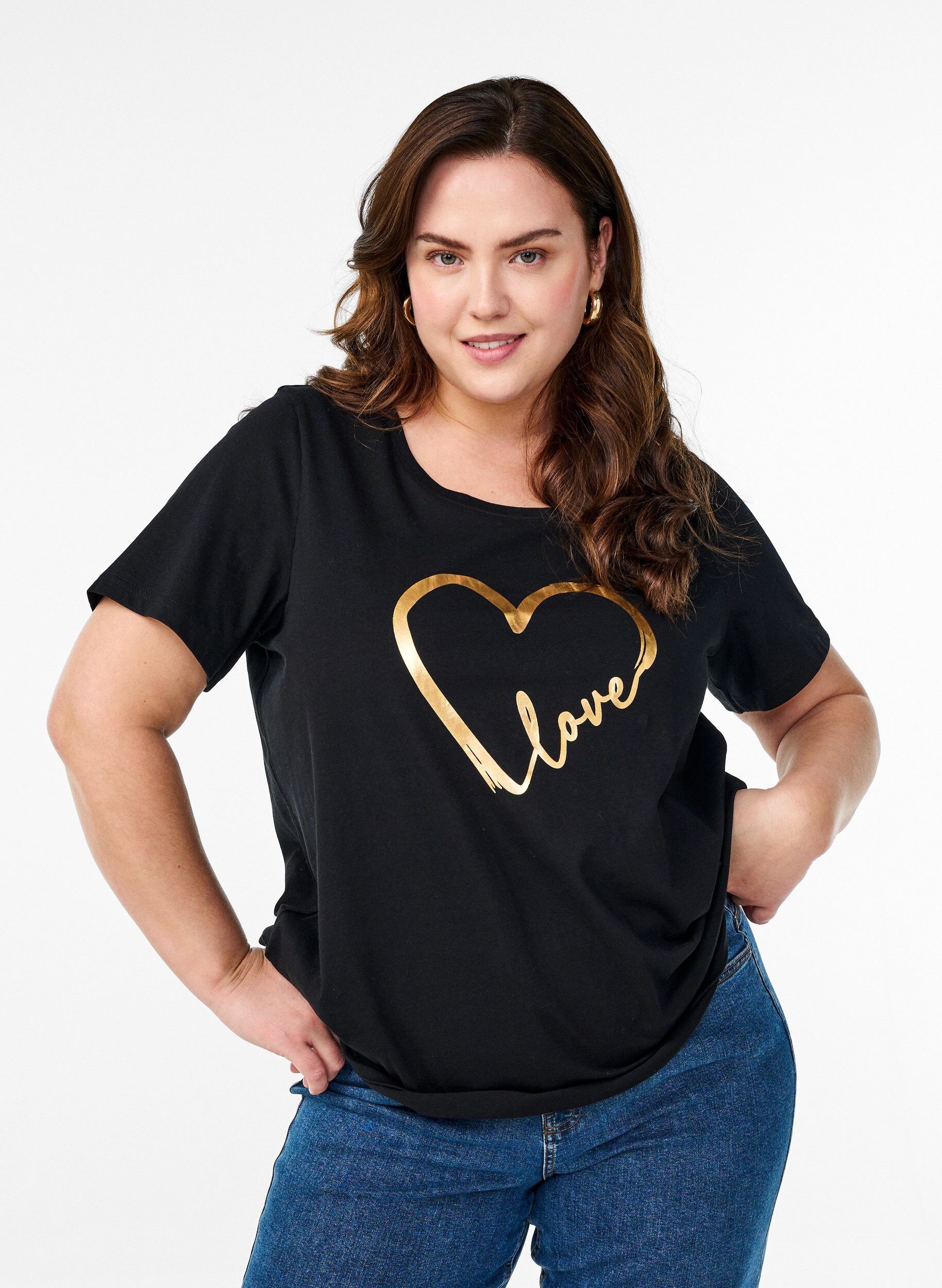 Zizzi T-shirt i bomull med motiv, Black w. Gold Love, Model image number 0