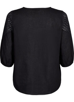 Blus i bomullsblandning med linne och virkade detaljer, Black, Packshot image number 1