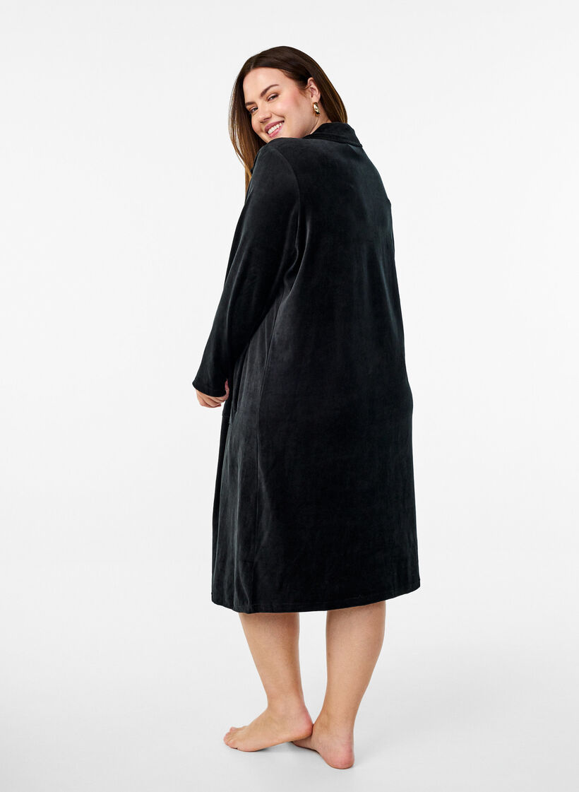Morgonrock i velour med dragkedja och fickor, Svart, Model image number 1