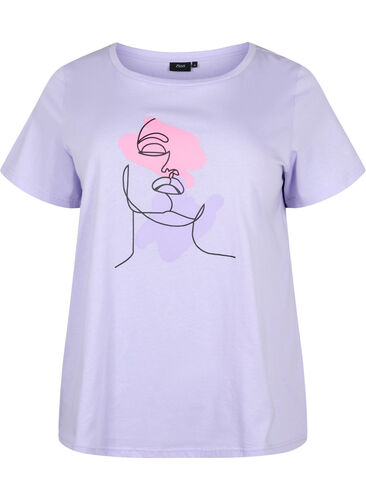 T-shirt i bomull med rund hals och tryck, Lavender FACE, Packshot image number 0