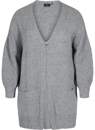 Lång stickad kofta med dragkedja och fickor, Medium Grey Melange, Packshot image number 0