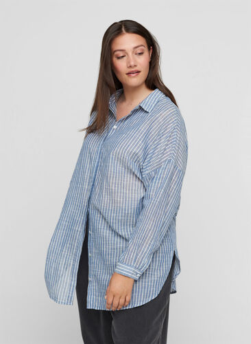 Lång randig skjorta i bomull, Country Blue Stripe, Model image number 0