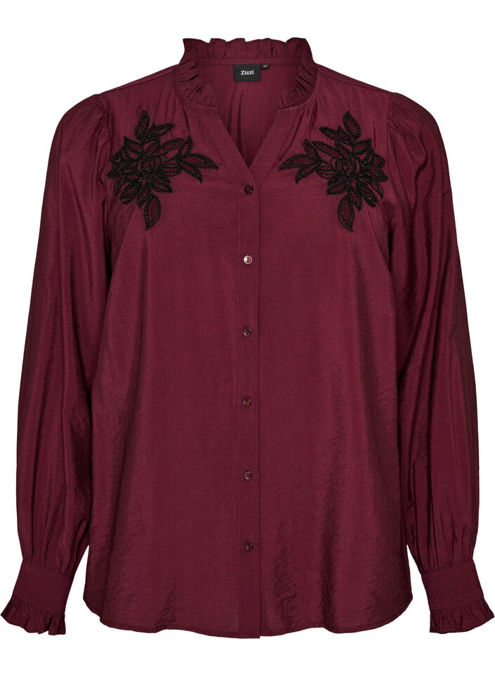 Skjortblus med broderade blomapplikationer, R&ouml;d, Packshot image number 0