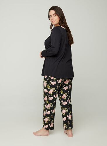 Blommiga pyjamasbyxor i bomull, Black w. Flower, Model image number 0