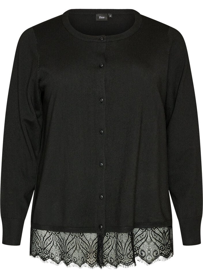 Cardigan med bred spetskant, Svart, Packshot image number 0