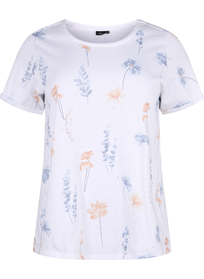 T-shirt i ekologisk bomull med blommigt tryck, White W. Blue flower, Packshot image number 0