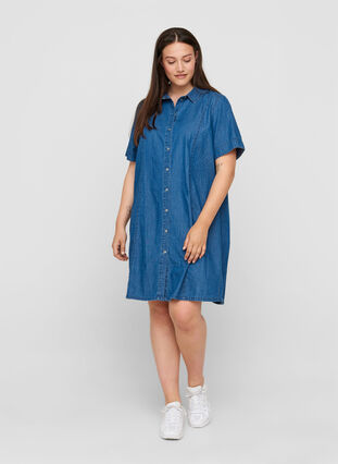 Skjortklänning i denim med korta ärmar, Medium Blue denim, Model image number 2