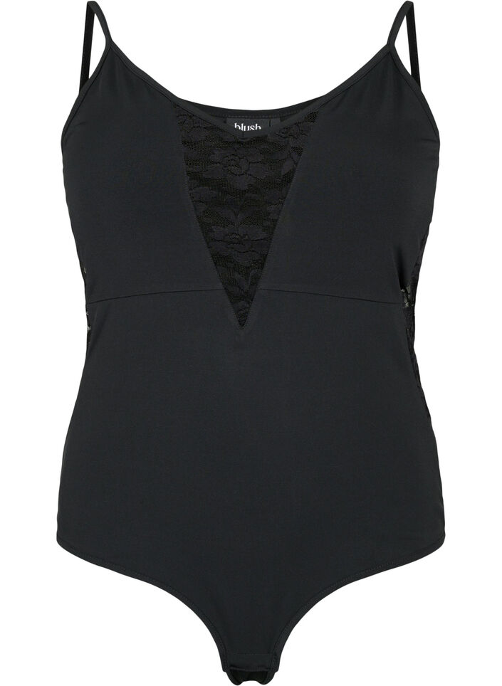 Kroppsstrumpa med spets och smala band, Black, Packshot image number 0