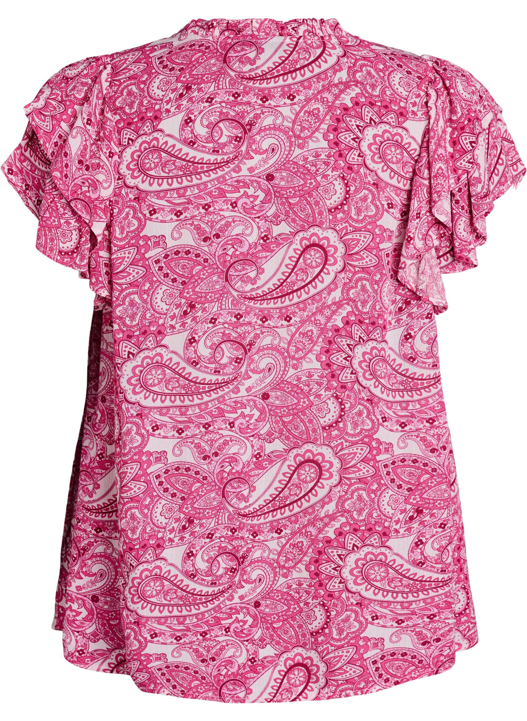 Zizzi M&ouml;nstrad blus i viskos med volangdetaljer, Rosa, Packshot image number 1